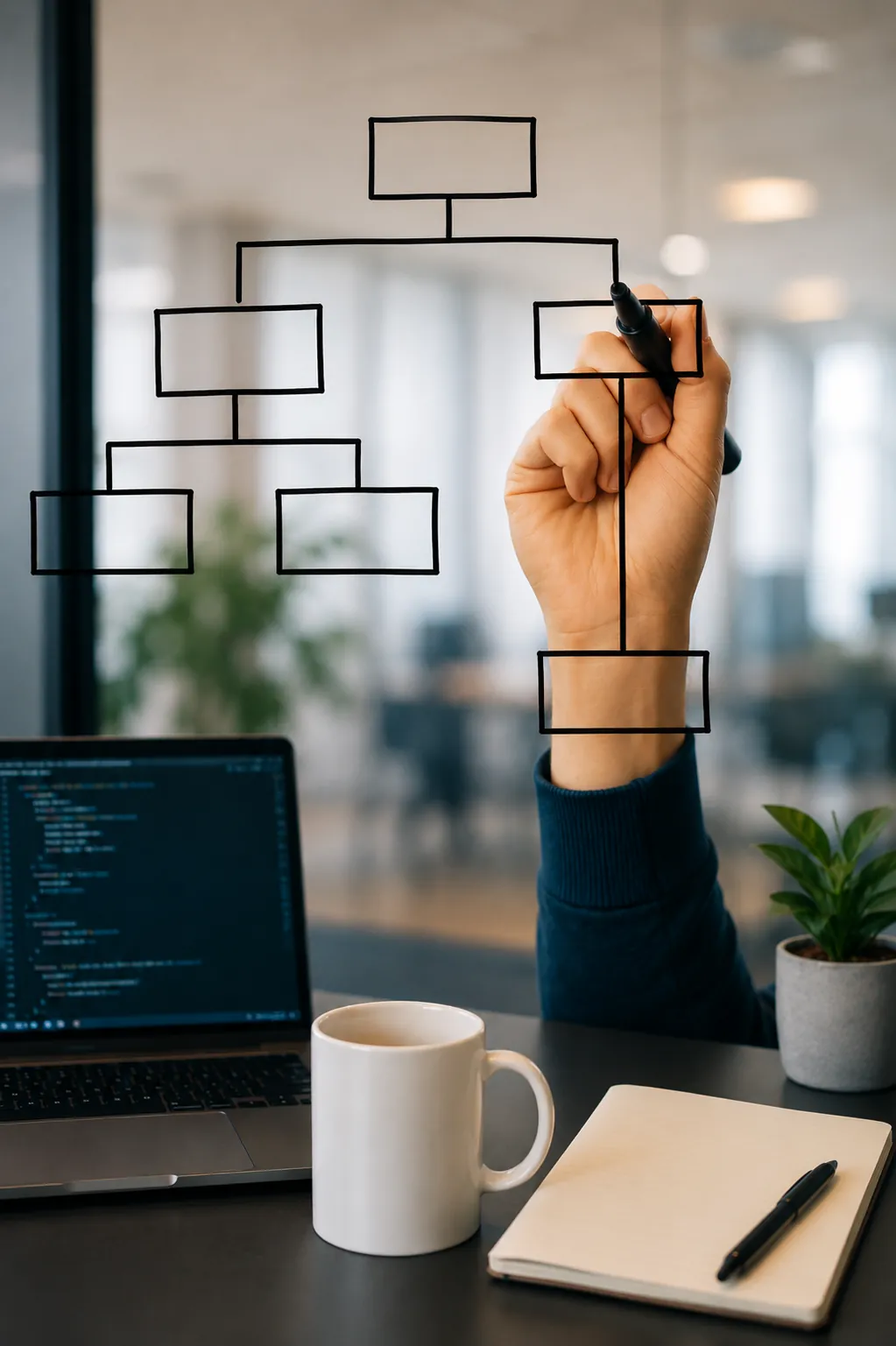 Schéma d'architecture technique dessiné à la main, avec ordinateur affichant du code en arrière-plan